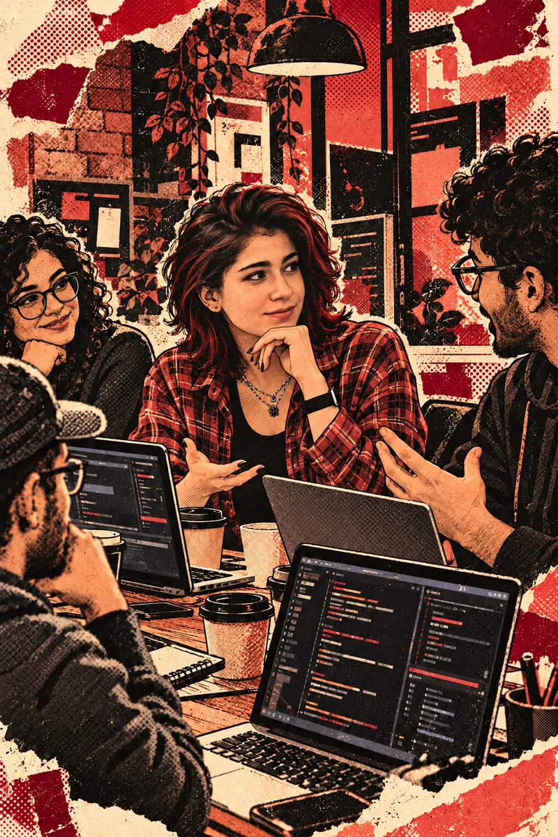 Kris hablando con profesionales de la tecnología a través de computadoras portátiles